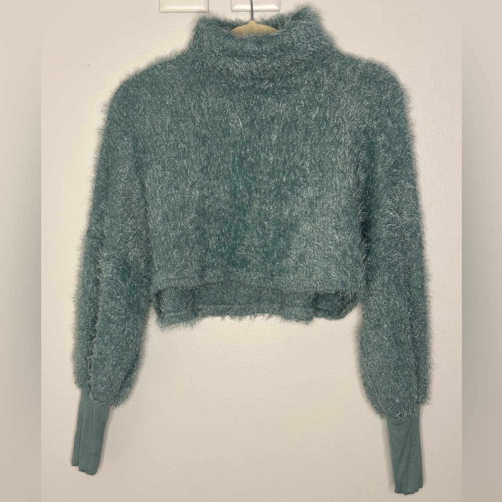 Windsor Teal Cropped Eyelash Knit Turtleneck Sweater - S/Chico